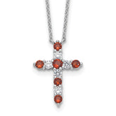 SSRhodium-Rhodium-Plated Red CZ January Birthstone Cross With 2 Inch Extention Necklace